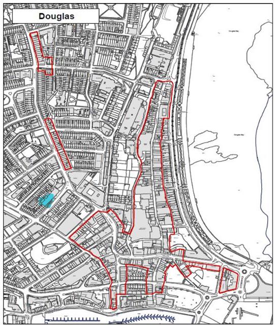 A black and white location map of Douglas showing street layouts, the coastline, and specific areas highlighted with red outlines.