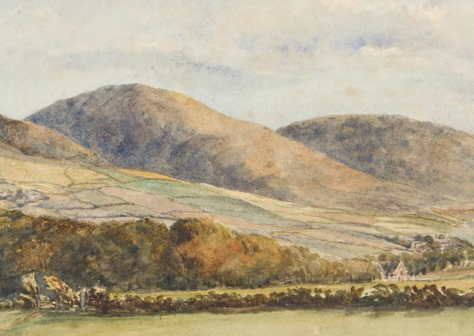 A watercolor painting depicting a rural landscape with rolling hills, fields, and a small cottage in the distance.