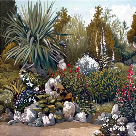 A landscape drawing or rendering depicting a garden area with a driveway edge, rocks, and diverse vegetation including agave and flowering plants.