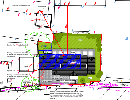 A technical site plan showing the layout of a property with proposed parking, driveway, landscaping, and existing boundaries, including visibility splay analysis.