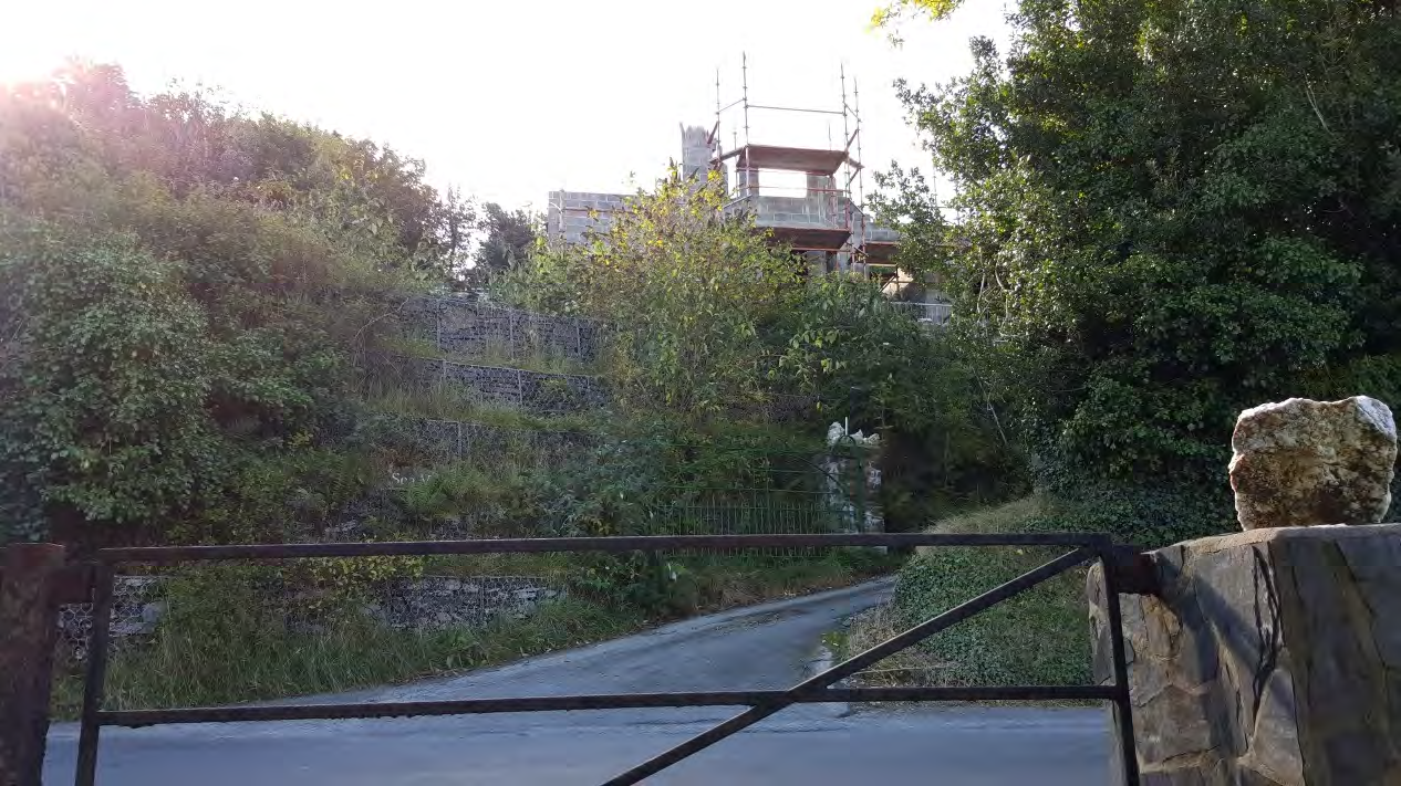 A photograph showing a driveway leading up a vegetated slope to a detached house under construction with scaffolding visible at the top.