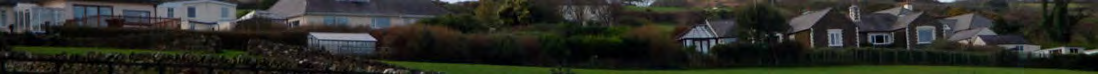 A panoramic photograph showing a row of residential properties, stone walls, and greenery in a rural village setting.