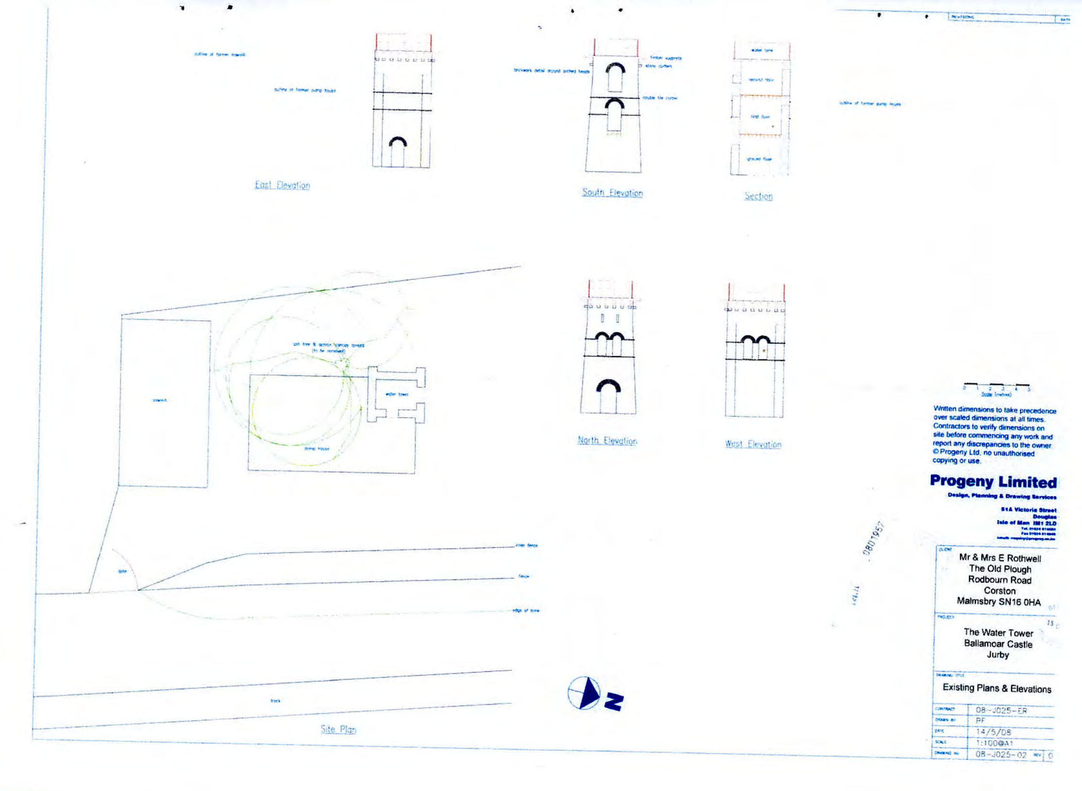 Architectural drawing sheet displaying existing site plan, elevations, and section for a water tower conversion project.