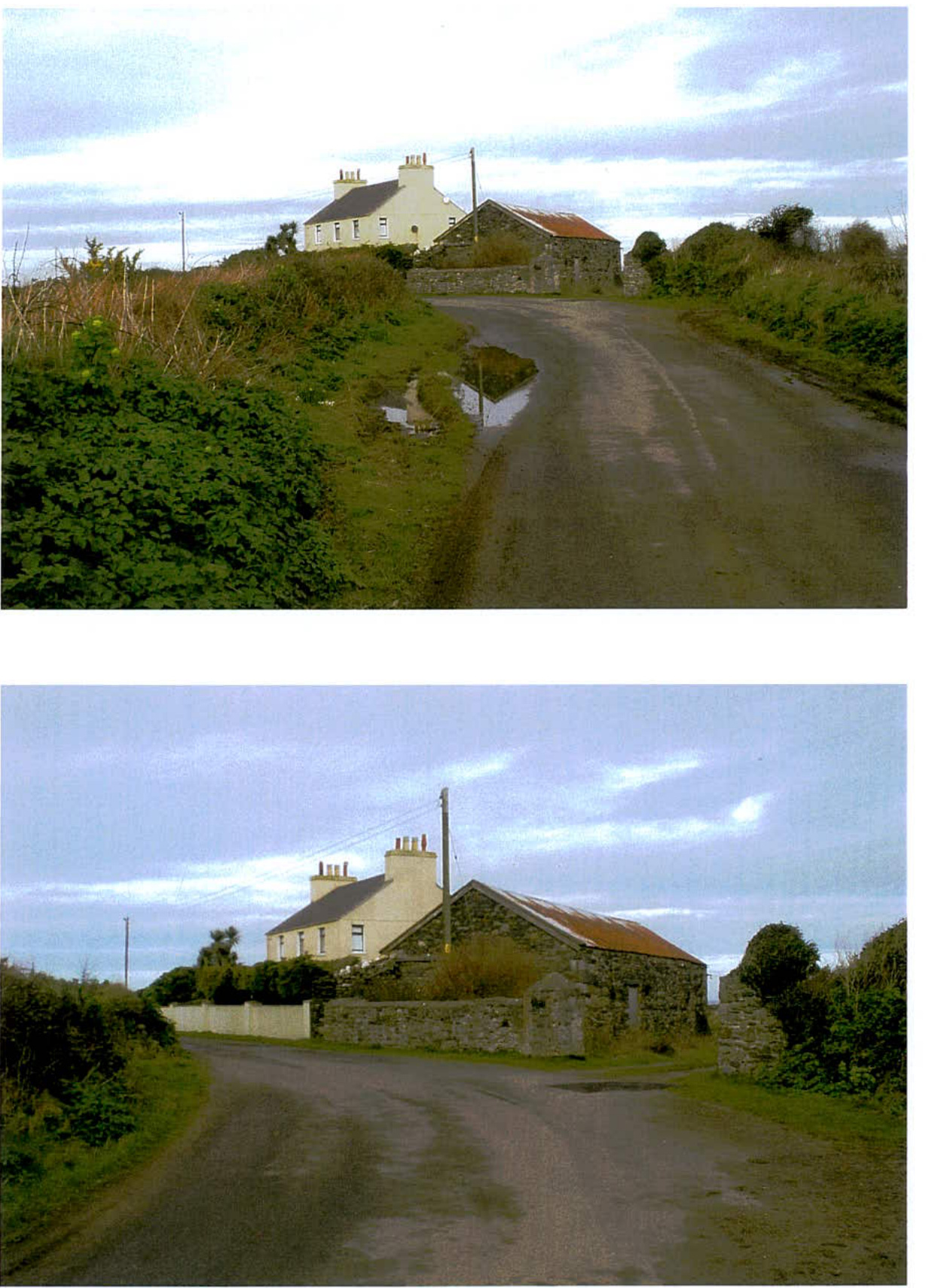 Two exterior photographs showing a rural property with a white house and an adjacent stone barn structure situated alongside a narrow road.