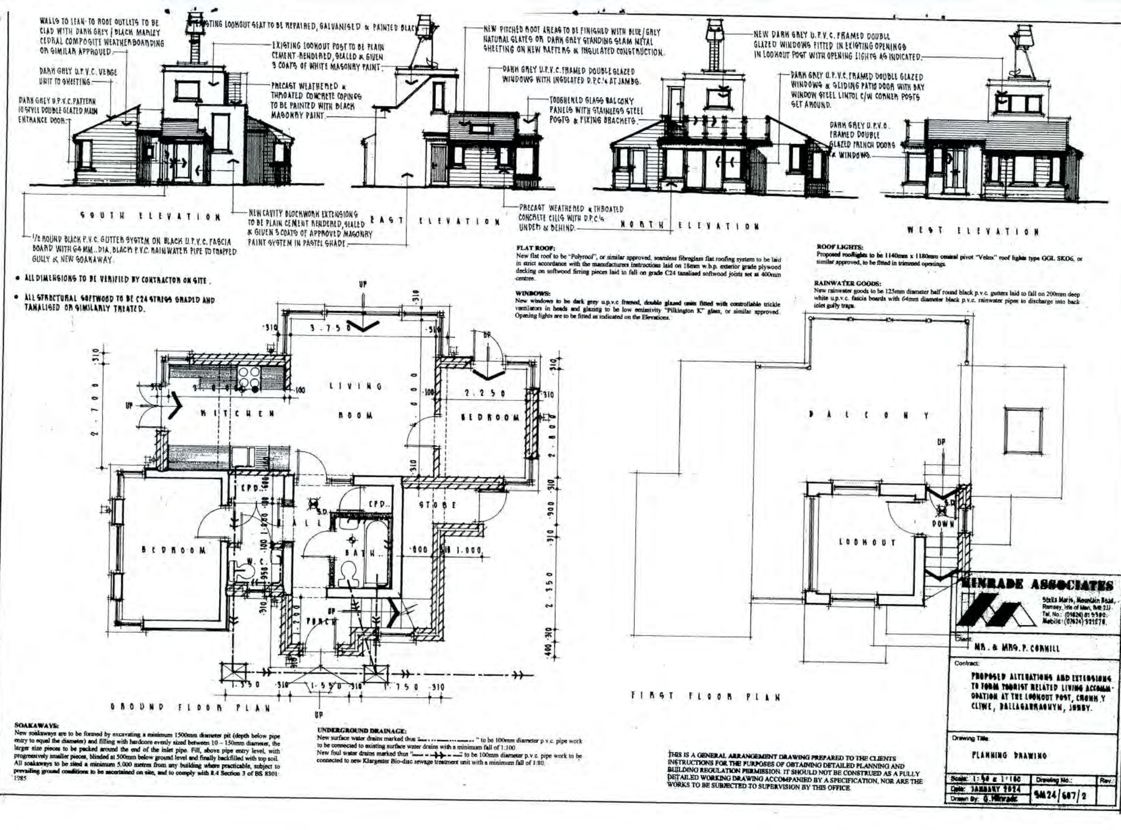 Architectural drawing displaying South, East, North, and West elevations alongside Ground and First Floor plans for a proposed building extension and alteration.