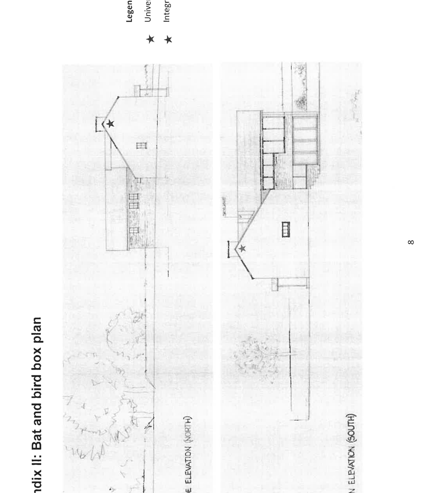Architectural elevation drawings showing the north and south faces of a building, annotated with star symbols indicating bat and bird box locations.