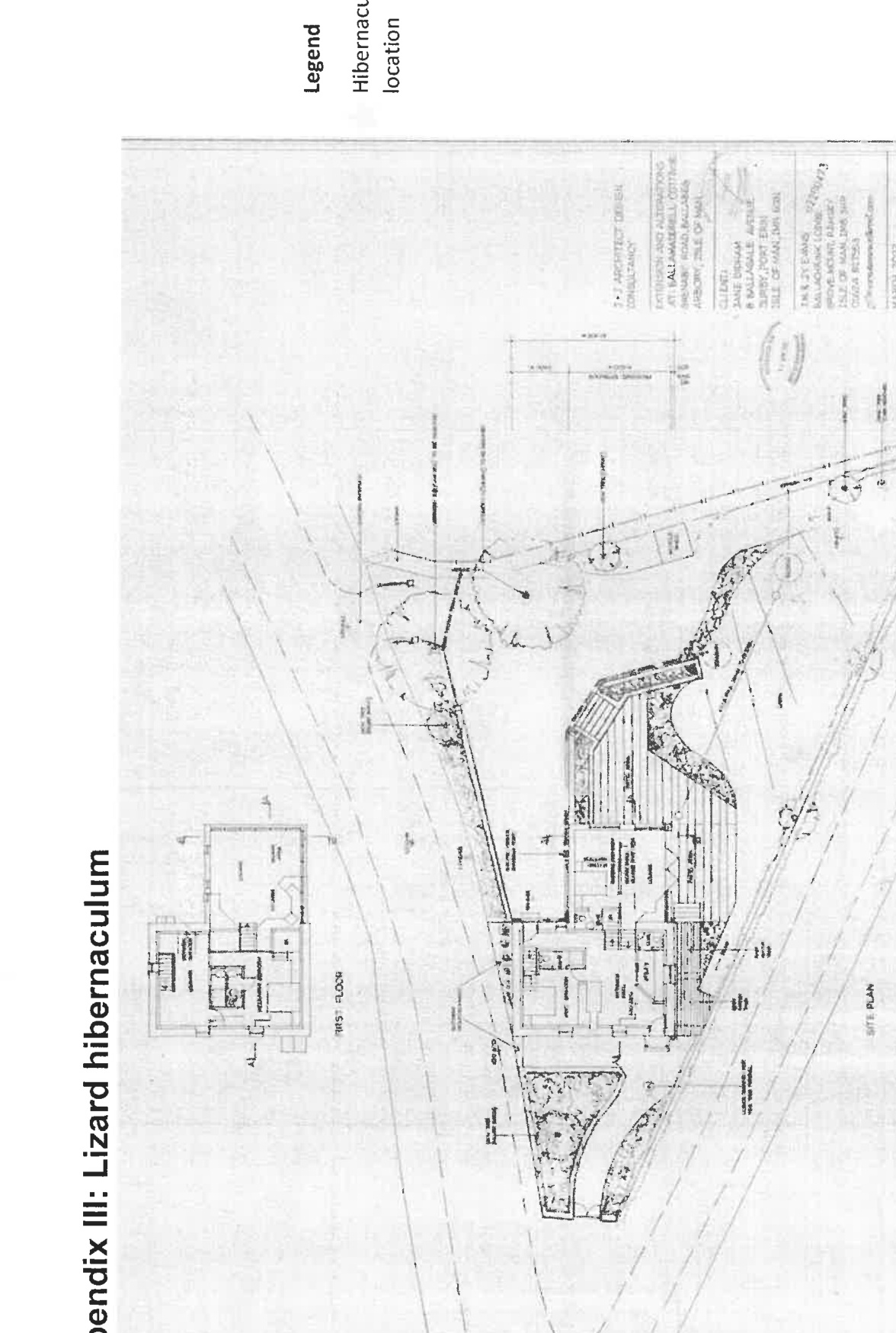 A technical architectural drawing showing a first-floor plan and a site layout with tree locations and a lizard hibernaculum.