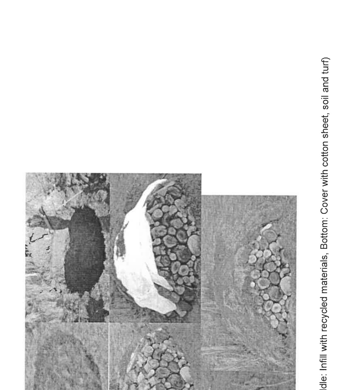 A scanned document page displaying a sequence of small photographs illustrating a ground treatment method involving infill and turf covering.