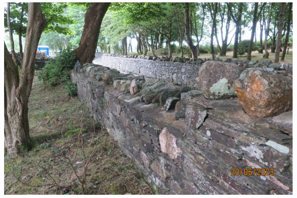 A photograph showing a long dry-stone wall running through a grassy, wooded area with large rocks resting on top.