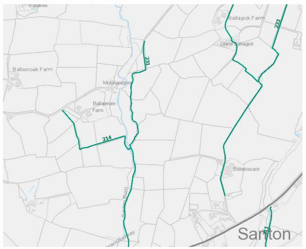 A site location map displaying field boundaries, farm names such as Ballacroak Farm, and a highlighted green line indicating a route or boundary near Santon.