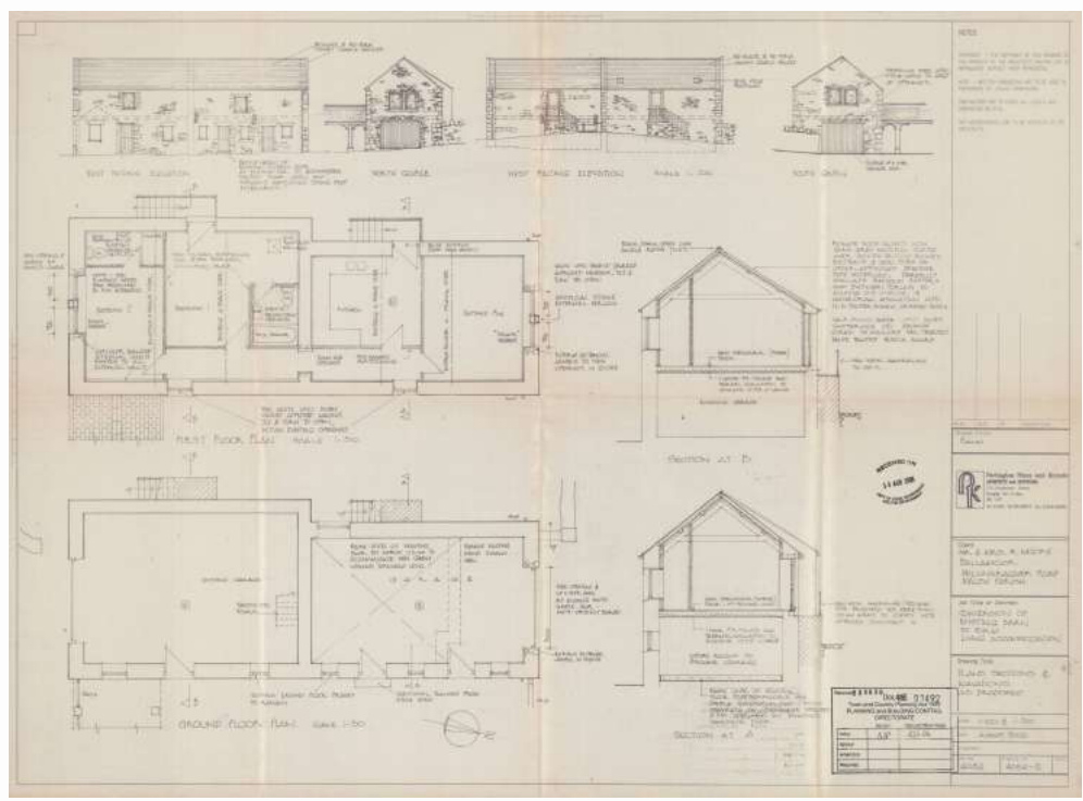 Architectural drawing sheet displaying floor plans, elevations, and sections for a barn conversion project.