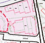This image displays a site plan or block plan illustrating the layout of buildings and property boundaries for a planning application.