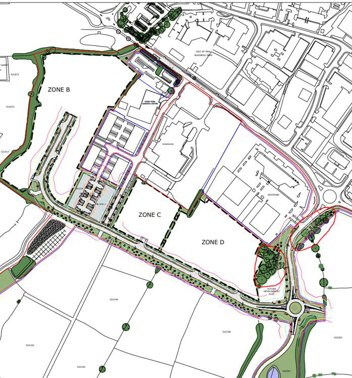 This image displays a detailed site layout plan for a commercial development, likely a business park, showing designated zones, building footprints, parking areas, and extensive landscaping along the road frontage.