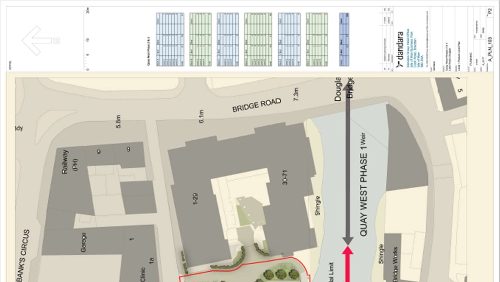 A site location plan showing the proposed development area outlined in red near Quay West Phase 1 Weir, surrounded by existing buildings and Bridge Road.