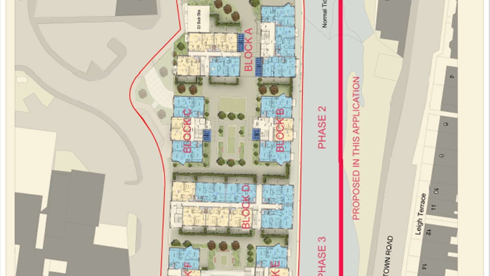 A detailed site plan illustrating a large residential development with multiple apartment blocks labeled A through F, green spaces, and phase divisions.