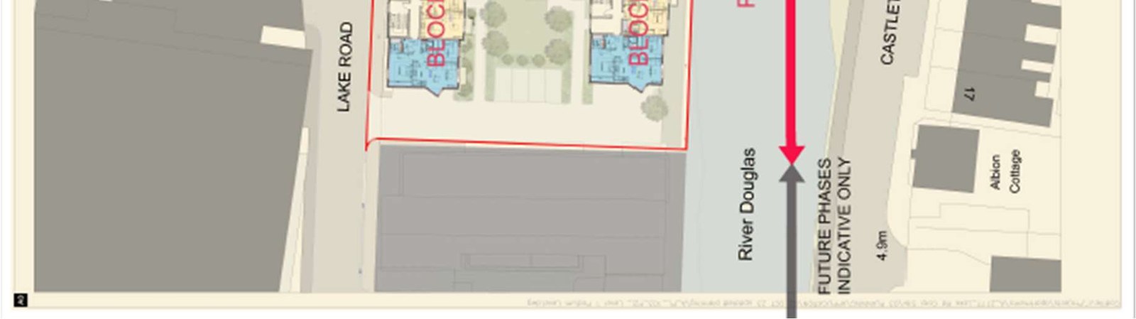 A site plan showing a proposed residential development site adjacent to Lake Road and the River Douglas, highlighting the boundary and future phases.