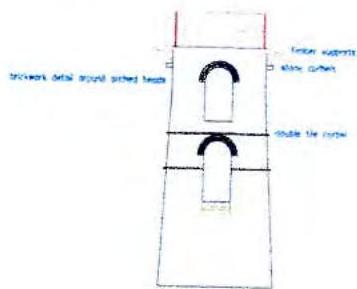 A technical architectural cross-section drawing detailing a chimney or flue structure, annotated with labels for brickwork, timber supports, and slate curtains.