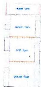 A low-resolution schematic diagram showing a vertical stack of building levels labeled from ground floor to rooftop terrace.