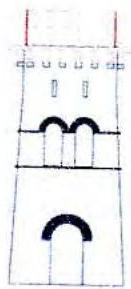 Architectural elevation drawing of a tower-like structure featuring crenellations, arched openings, and rectangular windows.