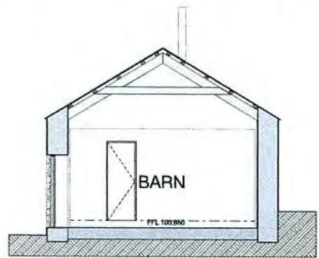 An architectural cross-section drawing showing the internal structure of a barn, including roof trusses, walls, and a door opening.