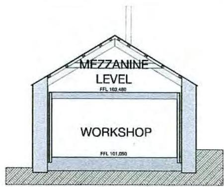 An architectural section drawing showing a workshop building with a mezzanine level and specific floor finish heights.