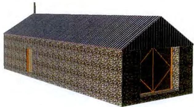 An architectural perspective drawing or rendering of a long, stone-walled building with a pitched roof, likely depicting a barn conversion.