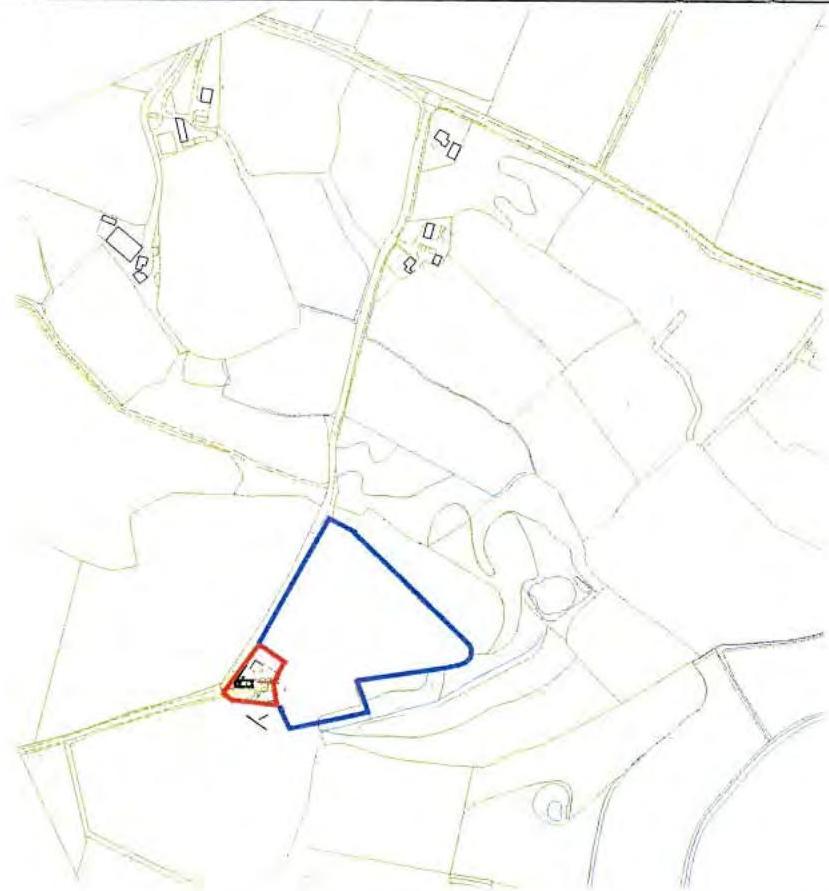 A site location map showing field boundaries and a highlighted plot of land with a specific building outlined in red.
