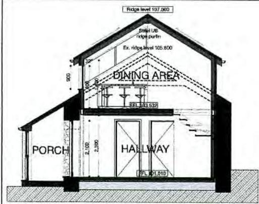 An architectural cross-section drawing illustrating the internal layout and structural details of a building, including a porch, hallway, and dining area.