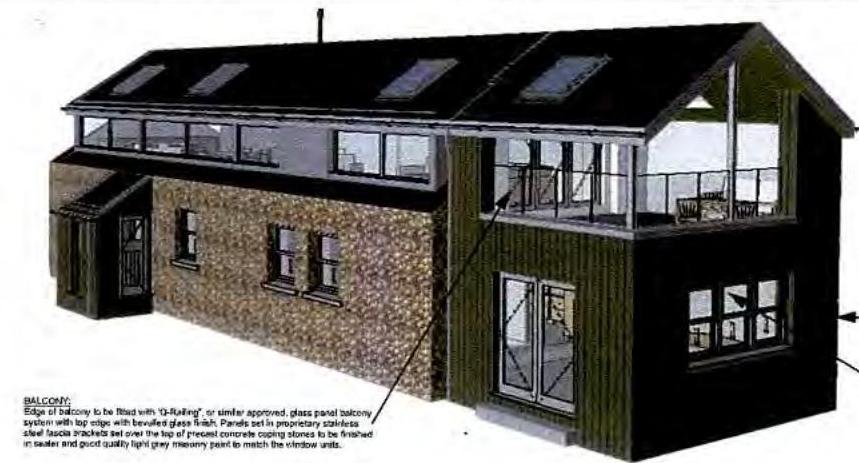 An architectural rendering showing the exterior elevation of a building featuring stone and green cladding, skylights, and a balcony. The image includes technical notes describing balcony specifications.