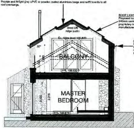 Architectural cross-section drawing showing a two-story structure with a master bedroom and balcony, featuring stone walls and roof details.