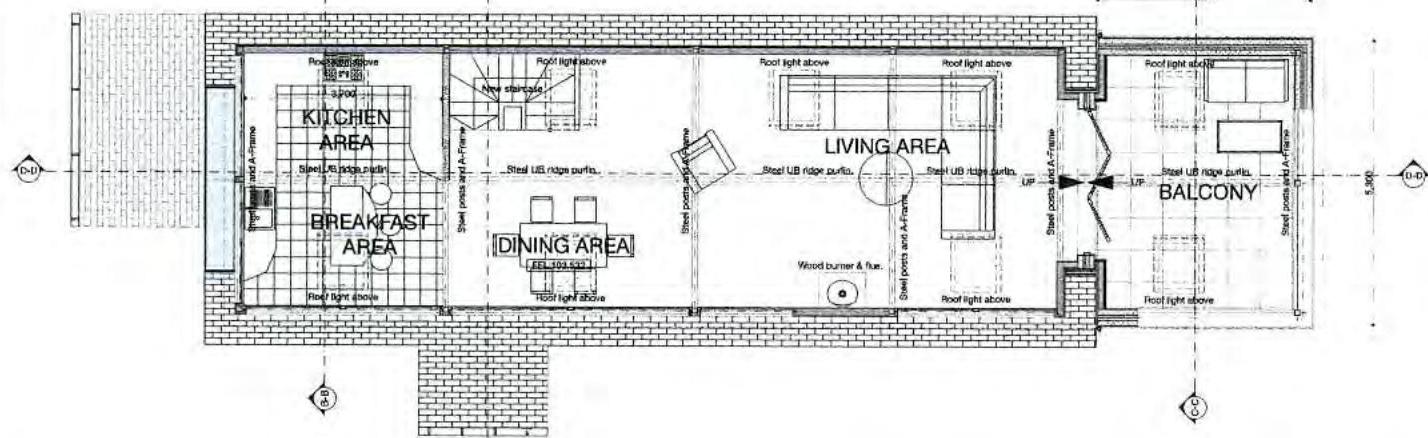 This image displays a black and white architectural floor plan detailing the internal layout of a building, including a kitchen, dining area, living area, and balcony. It features structural annotations such as steel...