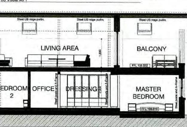 An architectural floor plan showing the interior layout of a residential unit, including a living area, master bedroom, office, and balcony with structural annotations.