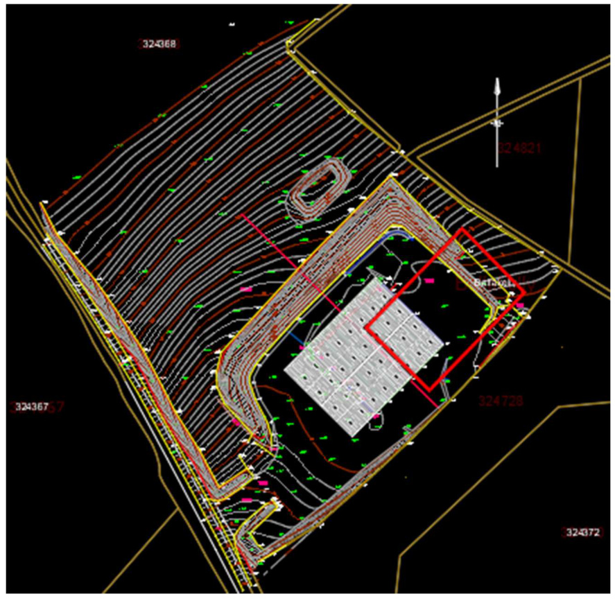 A technical CAD site plan displaying topographical contour lines, site boundaries, and a building footprint on a black background.