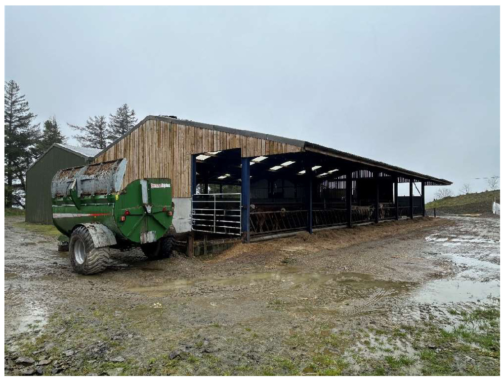 A photograph showing a large agricultural barn with wooden cladding and an open-sided feeding area housing cattle. A green agricultural wagon is parked on the muddy ground in the foreground.