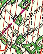 A close-up view of a topographical map showing contour lines, green vegetation areas, and text labels.
