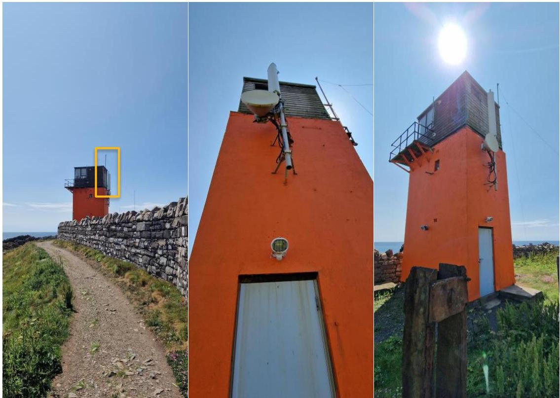 A triptych of photographs showing an existing orange tower structure situated next to a stone wall in a coastal setting, featuring mounted antennas and dishes.