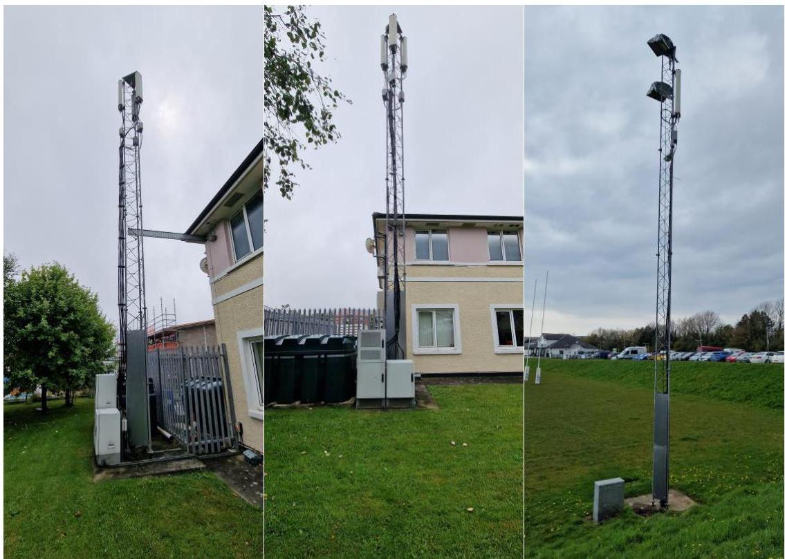A triptych of photographs showing a tall, slender lattice telecommunications tower from different angles, including views next to a building and standing in a grassy field.