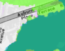 A cropped section of a location map showing street names including 'Auburn Place' and 'Terrace R' alongside green land areas.