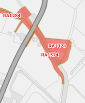A site plan showing land parcels highlighted in red with reference codes RA1284, RA1324, and RA1574 adjacent to a road.