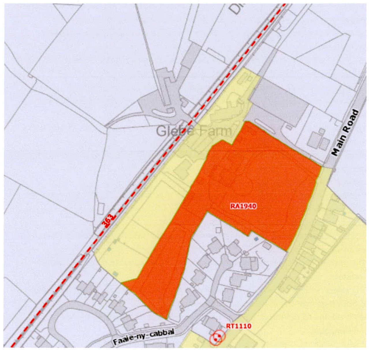 A site location map displaying a large orange highlighted plot labeled RA1940 situated near Glebe Farm and Main Road.