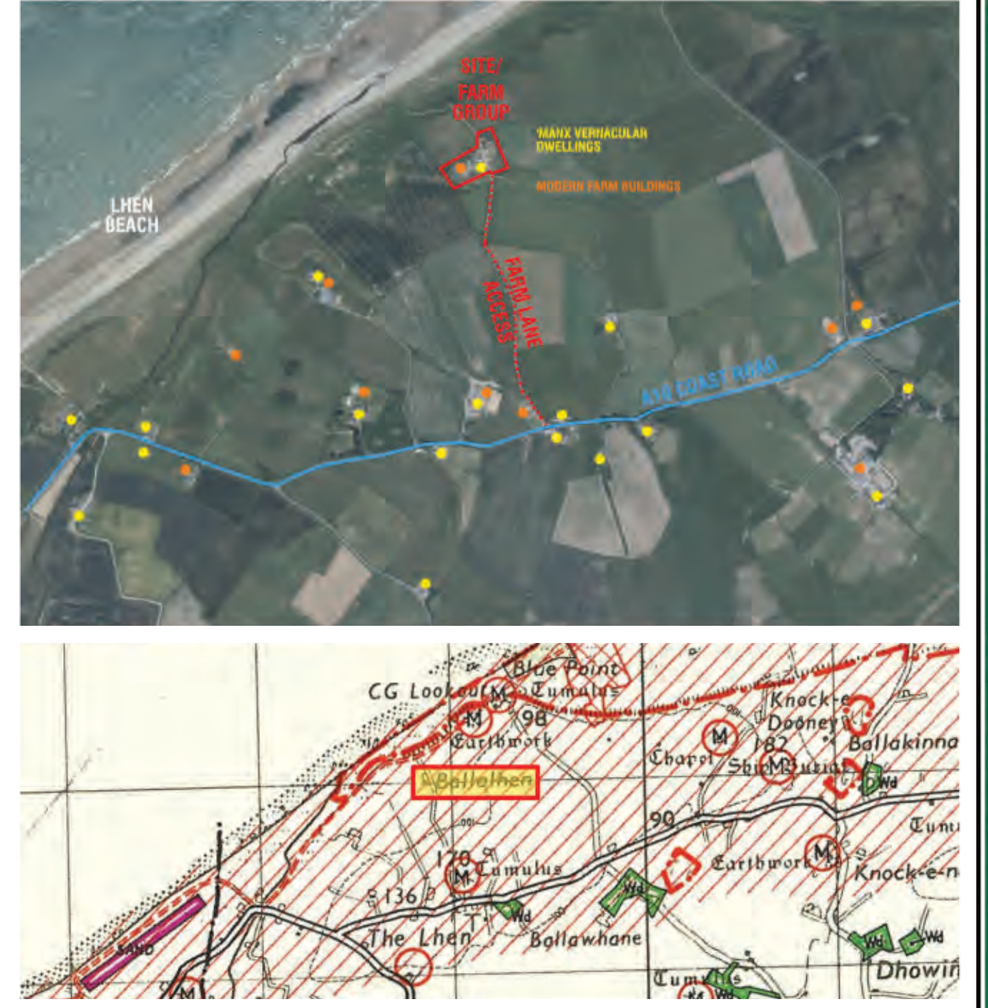 Composite image showing a site location plan overlaid on aerial photography and a historical map.