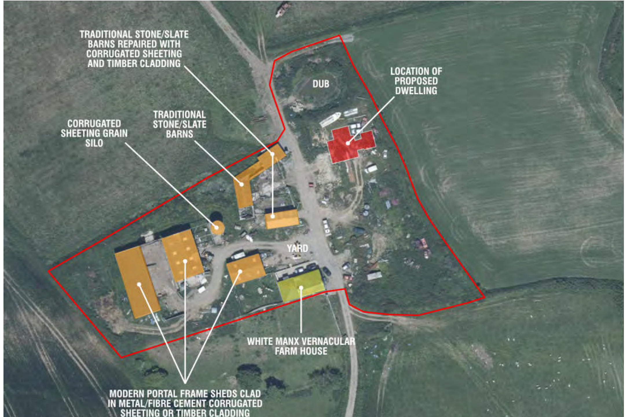 Annotated aerial site plan showing the farmyard boundary, existing agricultural buildings, and the location of a proposed new dwelling.
