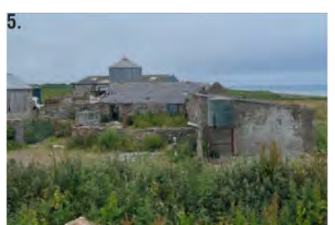 A photograph showing existing stone farm buildings and a metal silo in a rural coastal setting with overgrown foreground vegetation.