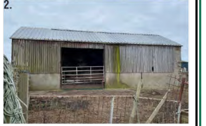 A photograph of an existing agricultural outbuilding featuring wooden cladding, a concrete base, and a corrugated metal roof.