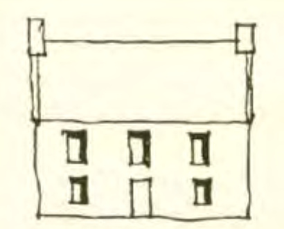 A rough hand-drawn sketch showing the front elevation of a two-story building with windows and chimneys.