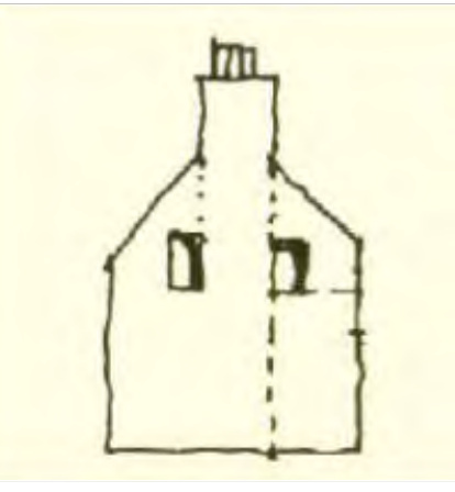 A rough hand-drawn sketch depicting the elevation or cross-section of a building with a chimney and windows.