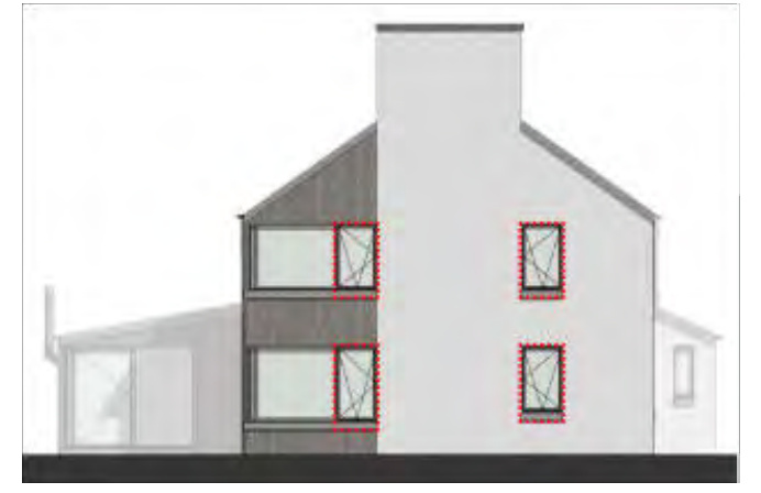 An architectural elevation drawing of a proposed two-storey dwelling with specific windows highlighted by red dotted boxes.