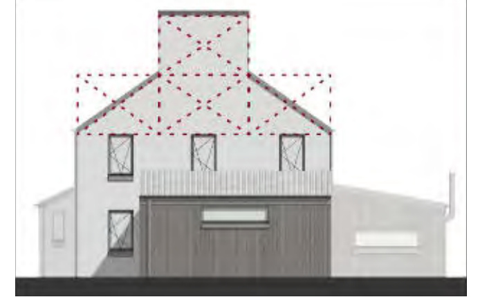 Architectural elevation drawing of a two-storey building with an attached garage, featuring red dashed lines indicating a proposed extension to the upper section.