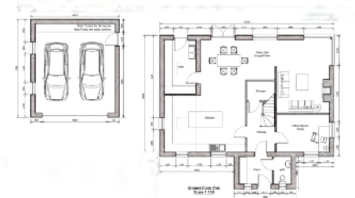 Architectural floor plans showing the ground floor layout of a new dwelling and a separate garage plan with two car parking spaces.
