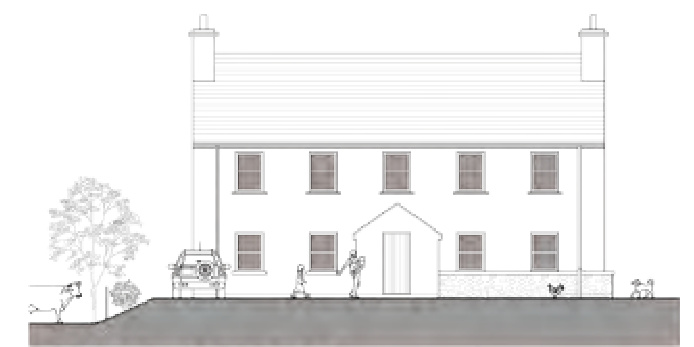 The image displays a black and white architectural elevation drawing of a two-storey dwelling, showing the front facade with windows, chimneys, a central porch, and scale elements like a car and tree.